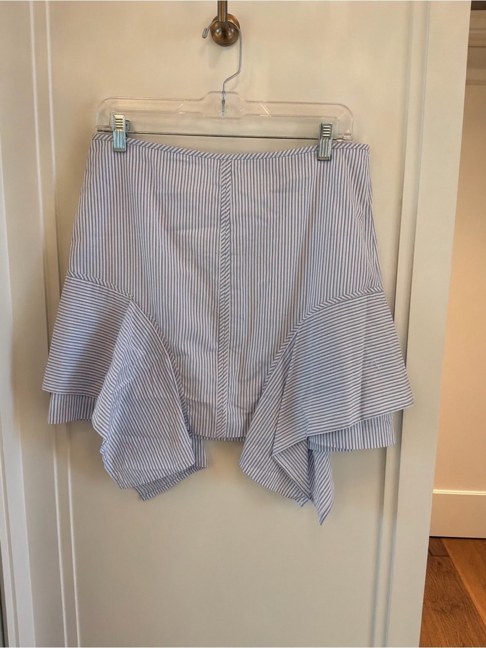 BCBGMaxAzria Blue and White Striped Asymmetrical Ruffle Skirt
